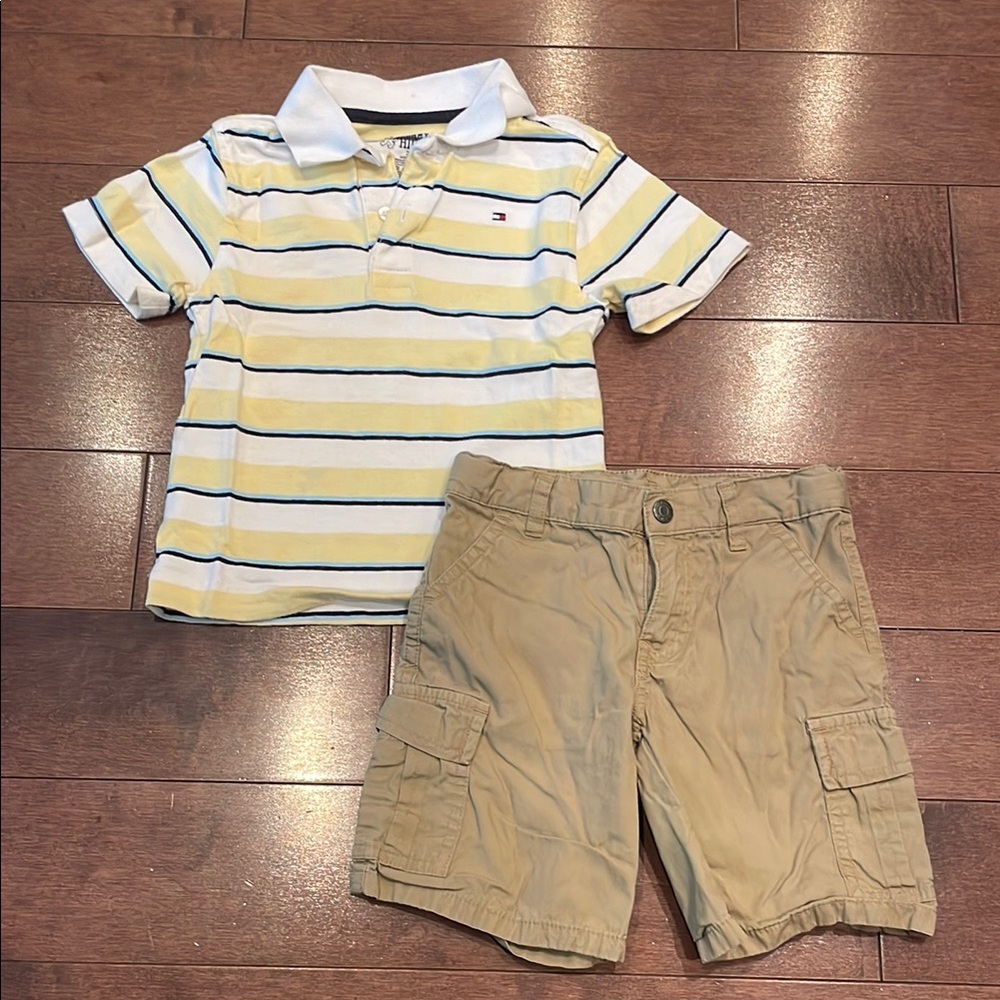 Tommy Hilfiger Yellow and White Striped Polo Top and Shorts